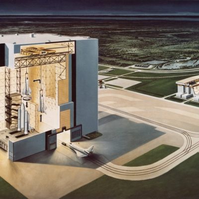 An artist's impression showing a cross section of the Vehicle Assembly Building at the Kennedy Space Center on Merritt Island, Florida, 10th January 1974. The booster vehicle for the space shuttle orbiter is already configured (left). On the right, the loading of the cargo bay payload takes place in the maintenance and checkout facility. (Photo by Space Frontiers/Getty Images)